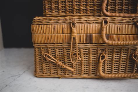 1950s Rattan Wicker Picnic Baskets Set Of 4 Vintage Brown Woven