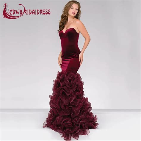 Form Fitting Burgundy Long Velvet Strapless Prom Dresses Maxi