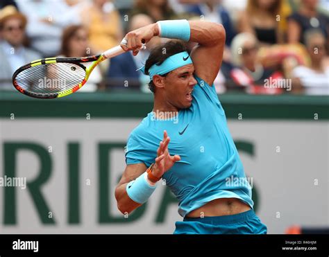 Spanish Tennis Player Rafael Nadal Playing Forehand Shot At The French