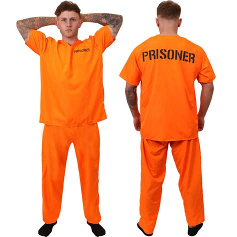Mens Prisoner Costume Orange Top Trousers Convict Halloween Fancy Dress