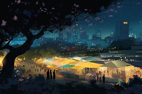Premium Ai Image A Night Scene With A Market In The Foreground And A
