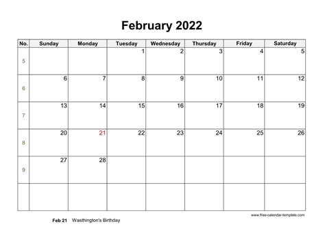 Free 2022 Calendar Blank February Template Horizontal Free Calendar