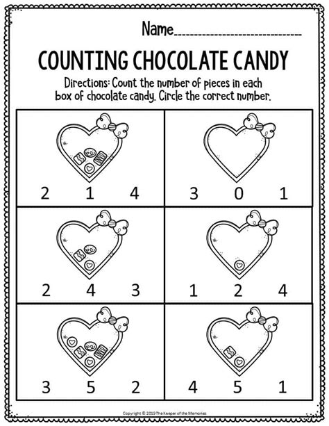 Printable Math Valentines Day Preschool Worksheets Counting Chocolate