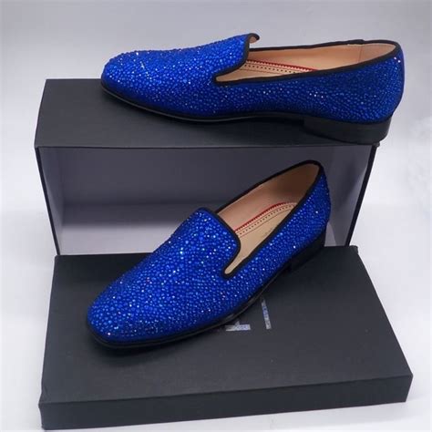New Arrived Royal Blue Rhinestone Mens Loafers Luxury Slip On Suede Men