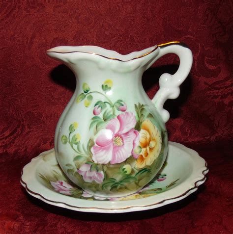 1950s Lefton China Heritage Green Pitcher And Bowl Hand Etsy