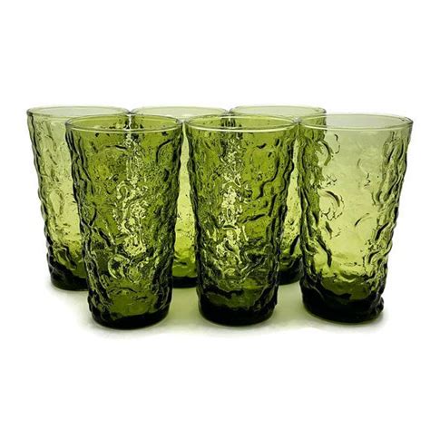 Set Of 6 Green Drinking Glasses 10 Oz Pressed Glass Glassware Vintage From The 70s Textured
