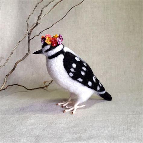 Downy Woodpecker With Roses Needle Felted Birds Felted Birds Needle Felted Toys Handmade Wool