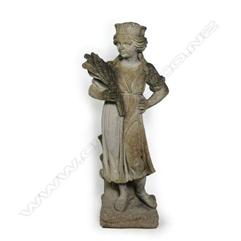 Vintage Concrete Garden Statue Of Young Woman Holding Wheat Sheaf