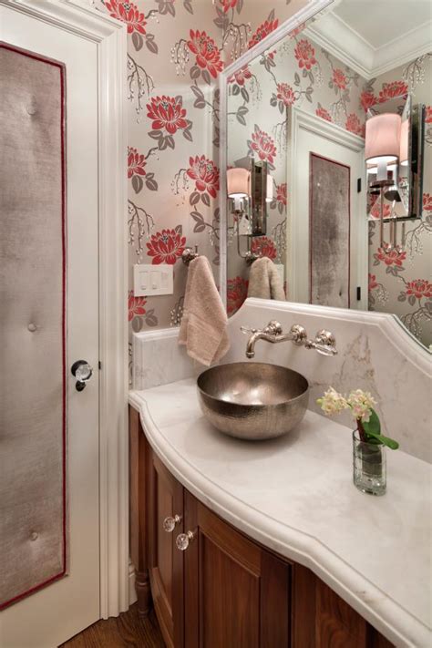 Charming Floral Powder Room With Hammered Nickel Vessel