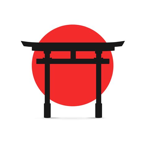 Silhouette Black Japanese Traditional Torii Gate On A Red Sun Vector