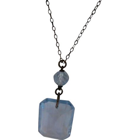 Signed Czech Vintage Blue Glass Pendant Necklace