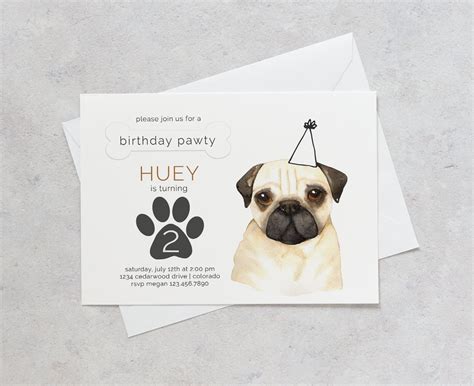 Pug Dog Birthday Invitation Puppy Party Invite Party Animal Etsy