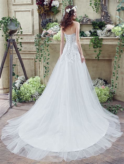 Tulle Wedding Dress Lace Beading Bridal Gown Strapless Sweetheart