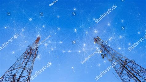 Two Telecommunication Towers With Mesh Dots Glittering Particles For
