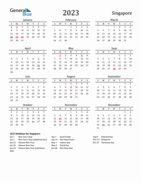 Singapore Calendar 2023 With Public Holidays