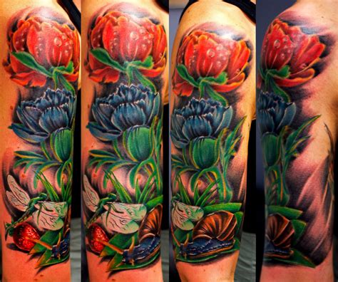 Colored Flowers And Dragonfly With Snail Tattoo On Half Sleeve