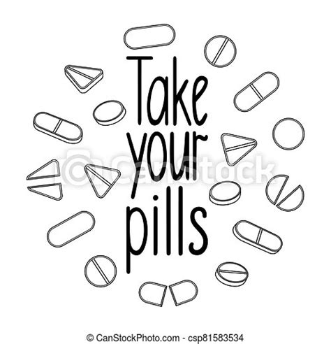 Take Your Pills Lettering With Different Shape Outline Style Pills