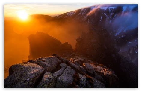 Winter Sunrise Mountain Rocks Fog 4k Hd Desktop Wallpaper
