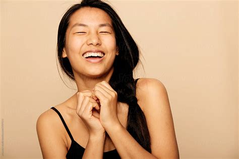 Happy Woman Laughing Natural Fresh Portrait Smiling With Eyes Closed