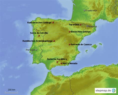 Die betische kordillere (spanisch cordilleras béticas oder sistema penibético; StepMap - Iberische Halbinsel - Gebirge - Landkarte für ...