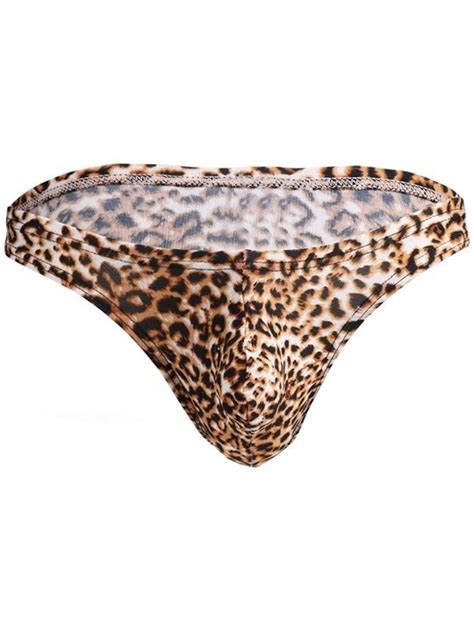 Mens Leopard Print Low Rise Thongs Enhancing Pouch Soft Bikini
