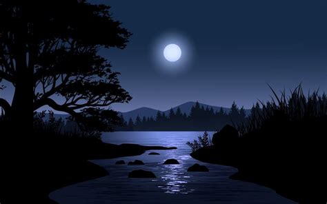 Download Night Scene With Moon Over River Landscape For Free Night
