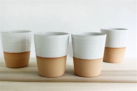 Four Mugs Without Handles White Minimalist Ceramic Pottery Etsy
