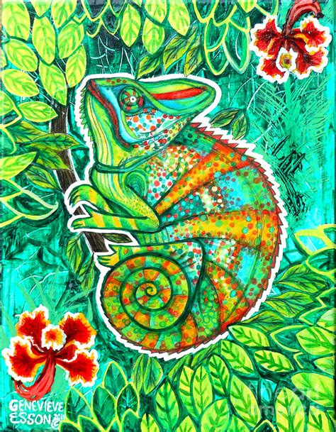 Chameleon With Orchids Painting By Genevieve Esson