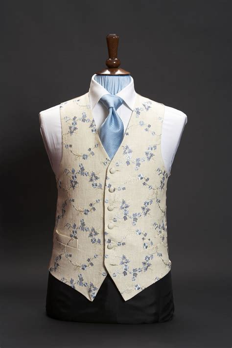 Cream Linen Floral Embroidered Waistcoat With Blue Flowers Waistcoat