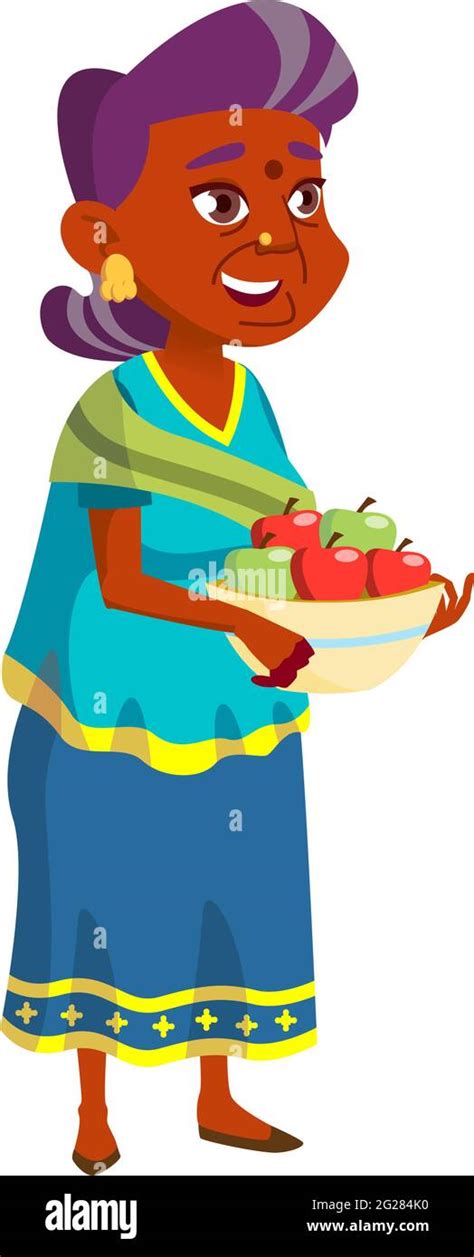 Indian Granny Holding Apple Harvest In Garden Cartoon Vector Stock