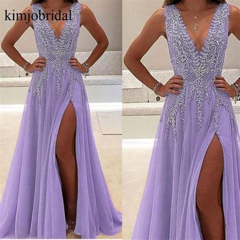 Purple Beaded Prom Dresses Long V Neck Crystals Sleeveless Tulle Elegant Cheap A Line Prom Gown