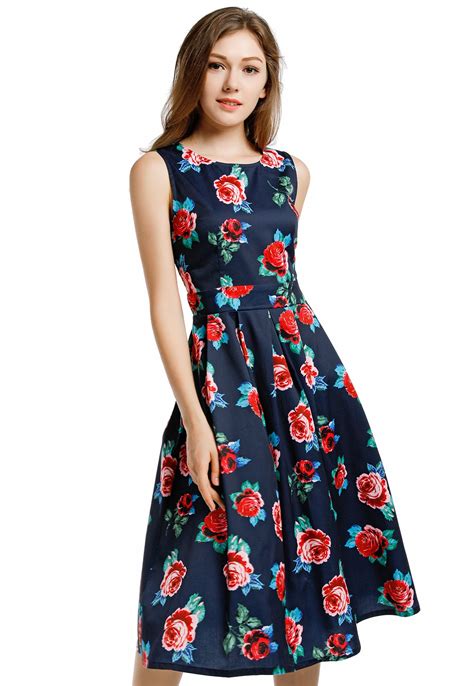 Blooming Jelly Red Rose Floral Printed Dress O Neck Sleeveless Dress