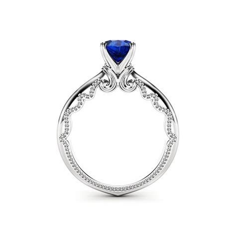 Blue Sapphire Engagement Ring 14k White Gold Milgrain Ring Etsy