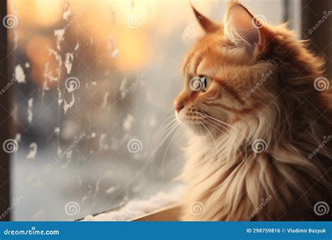 Cat Sitting On The Window Sill And Looking At Winter Landscapered Cat