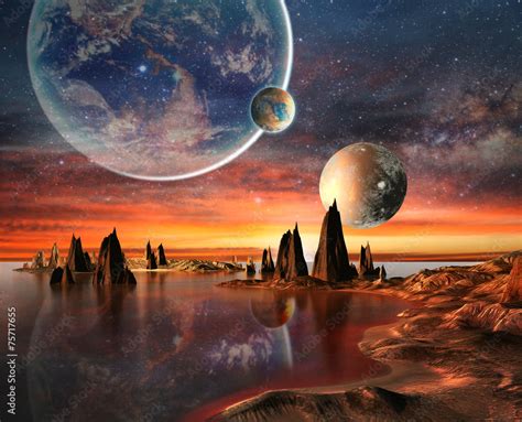 Alien Planet With Earth Moon And Mountains Wall Mural Wallpaper