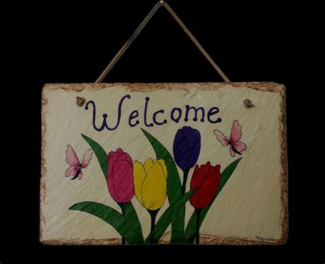 Colorful Welcome Tulips Slate Sign | Slate signs, Painted slate, Slate art