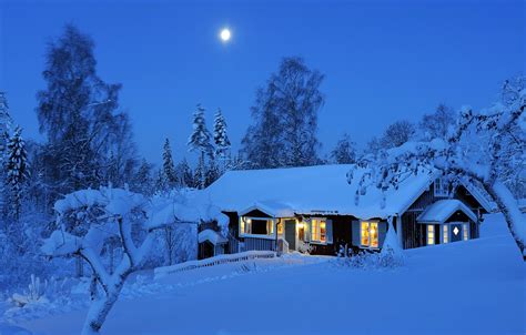 Обои зима лес свет снег деревья ночь огни луна Швеция Winter