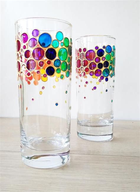 Rainbow Drinking Glasses Set Of 2 Couple Colorful Hand Etsy España Painted Wine Glasses