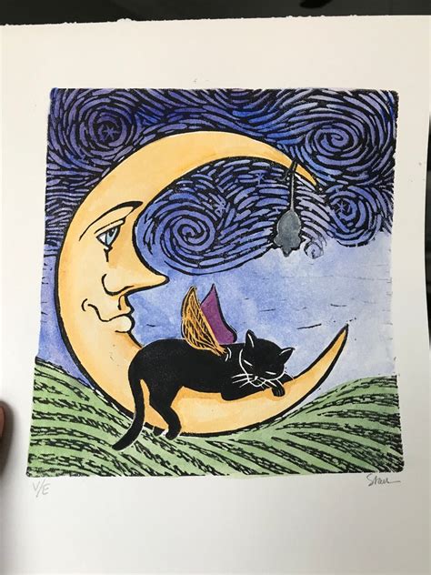 Black Cat On The Moon Whimsical Art Hand Painted Lino Print Etsy