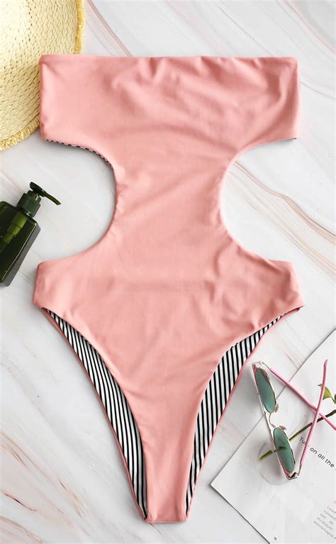 Reversible Bandeau Monokini Light Pink Swim Suit Women Style Fashion Swimwear Type One Piece