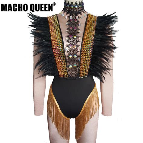 Drag Queen Costumes Feather Rhinestone Bodysuit Festival Rave Burning Man Costumes Stage