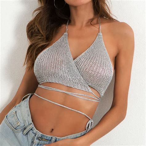 Sexy Halter Backless Crop Tops Women Drawstring Hollow Out Tank Tops
