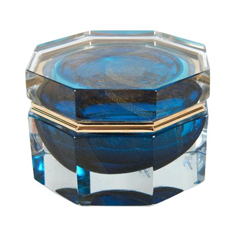 Octagonal Clear Glass Box With Peacock Blue And Gold Sommerso Core And Brass Details Modern