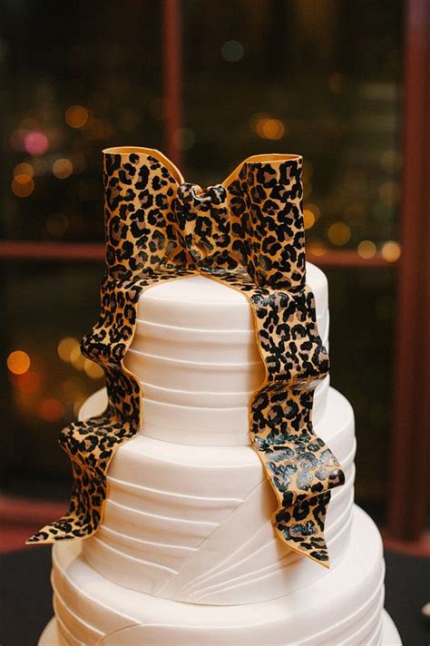 White Wedding Cake With Edible Leopard Print Bow Leopard Print Cake