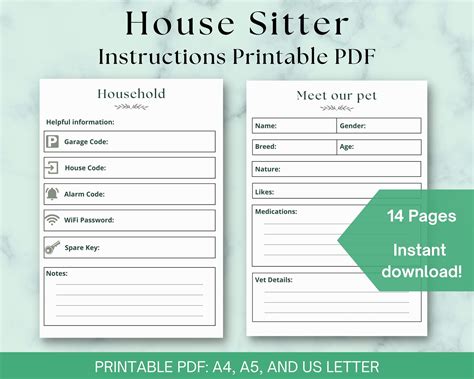 Printable House Sitter Notes, Pet Sitter Instructions, Guide for House