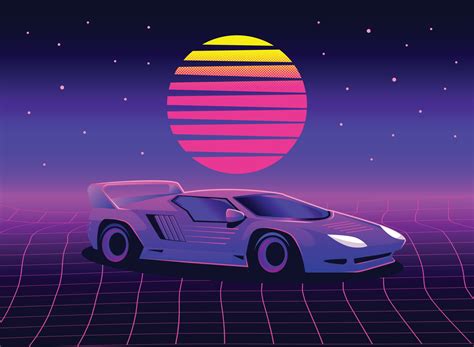 Retro 80s Sci Fi Futuristic Style Background With Supercar Vector