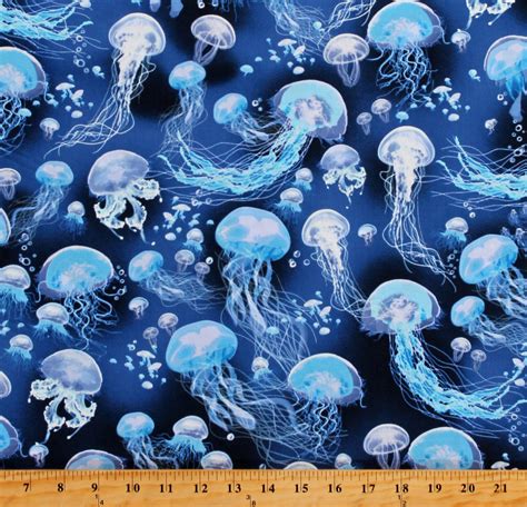 Cotton Jellyfish Ocean Blue Cotton Fabric Print By The Yard Sea C7981