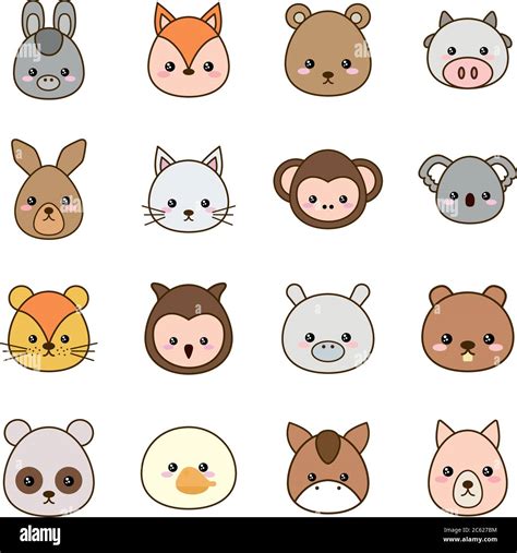 Cute Cartoons Line And Fill Style Icon Set Design Kawaii Animals Zoo