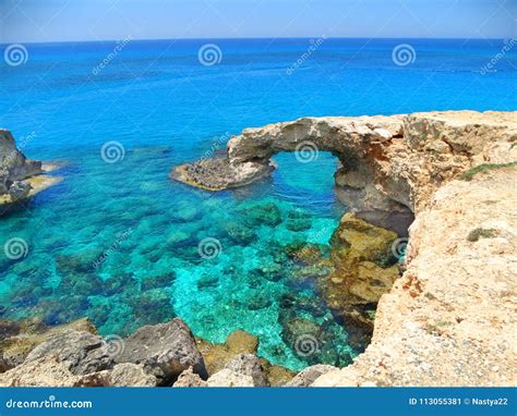 Rocky Arch Coast Landscape Mediterranean Sea Cyprus Island Stock Image