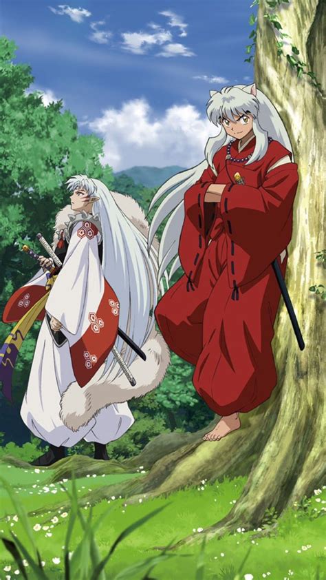 Two Anime Characters Standing Next To Each Other In Front Of A Tree